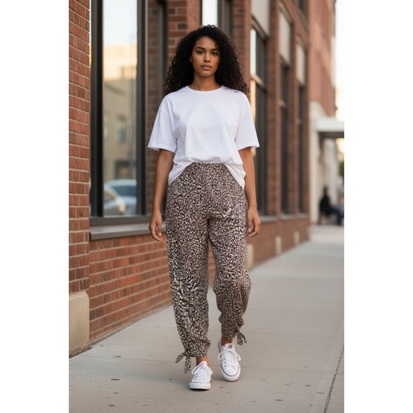 Gibson Latimer Pants - Gibson Latimer Abstract Animal Print Tie Cuff satin Pants XXL Black Tan Orange